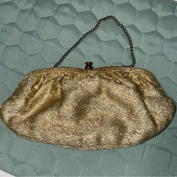 Handbags - Vintage Metallic Gold Tapestry Evening Bag Purse Clutch Chain Clasp